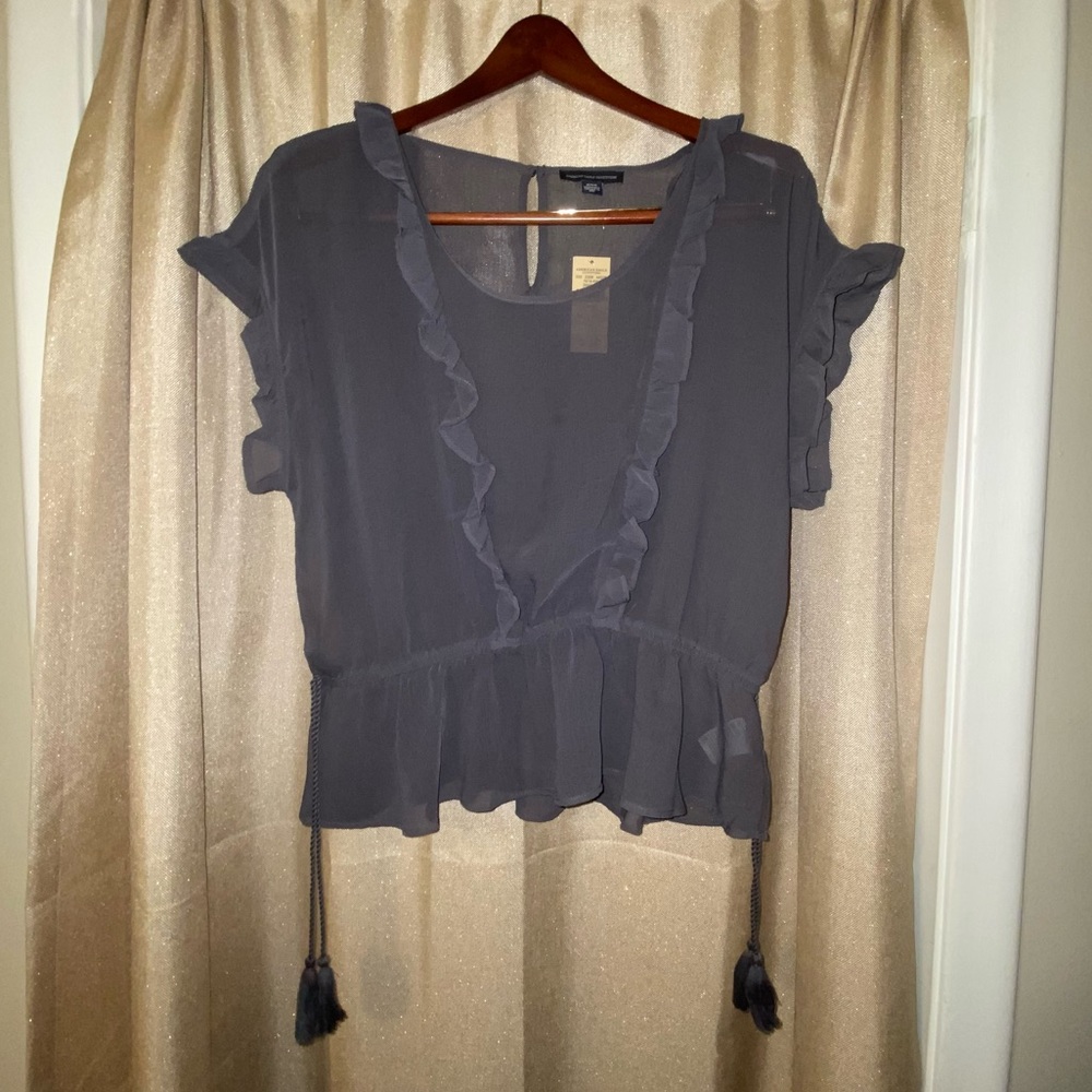 American eagle gray work top sheer with waist details size m